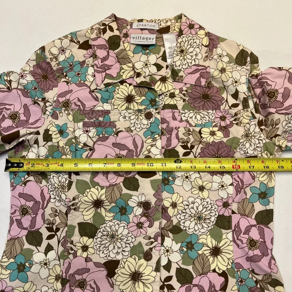 Villager Liz Claiborne‎ Purple Teal Floral Cotton Stretch Skirt Set Size 12